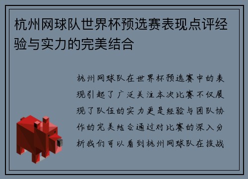 杭州网球队世界杯预选赛表现点评经验与实力的完美结合
